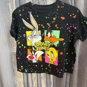 Women’s crop L top WarnerBros Black Looney Tunes paint Splatter cartoon Tee